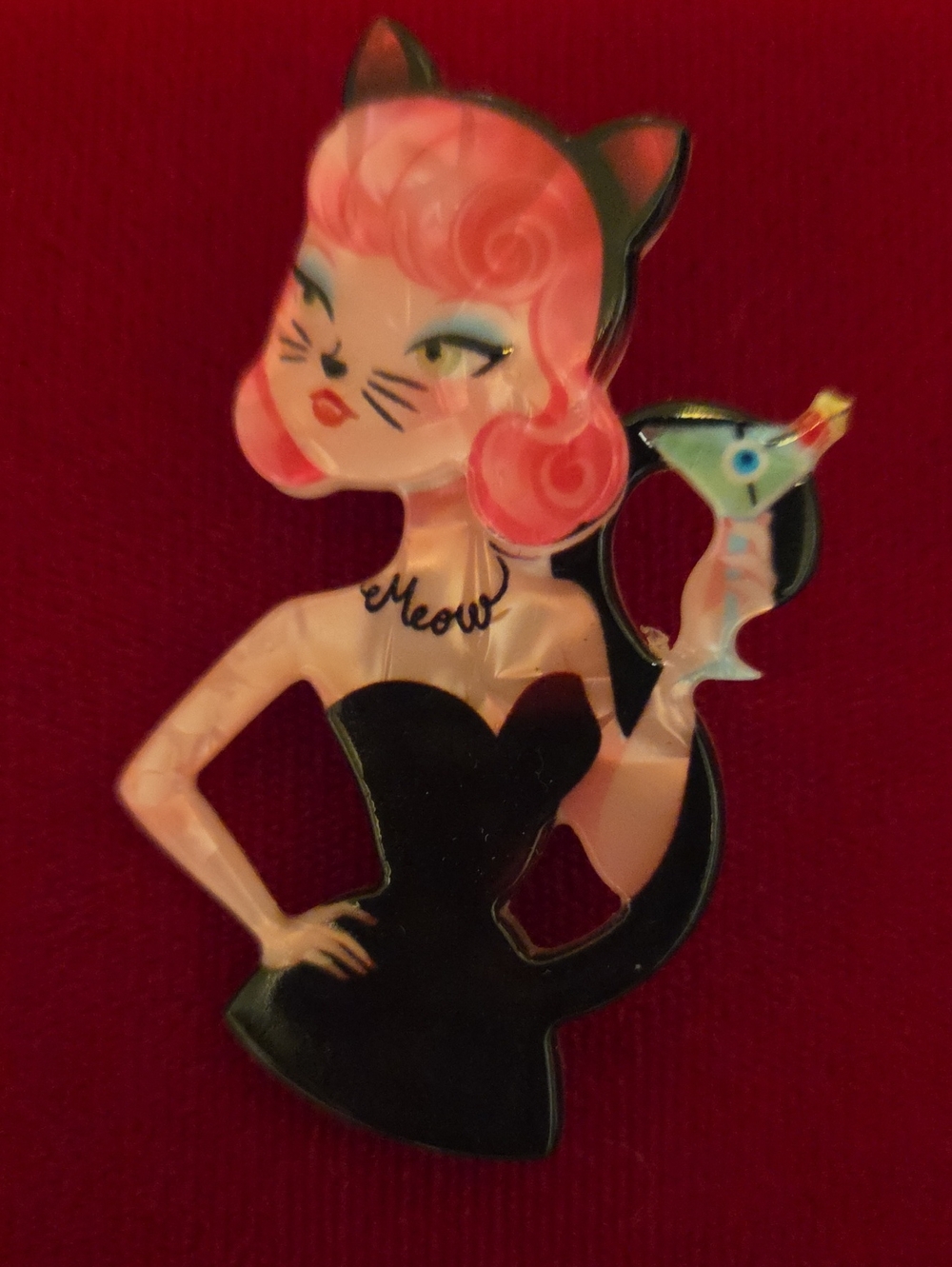 Mrs Kitty With Eyeball In Cocktail - Acrylic Brooch